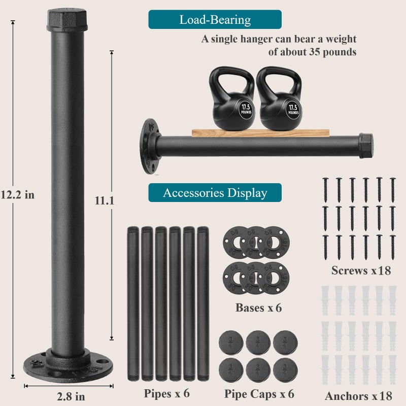 Cazzon Cast Iron Wall Mounted Clothes Rack, Heavy Duty Industrial Pipe Clothing Rack for Hanging Clothes, Garment Racks for Wardrobe Organizers and Storage, DIY Closet Rods Closet Bar (Black 6 Pack, 12 in) - Image 2