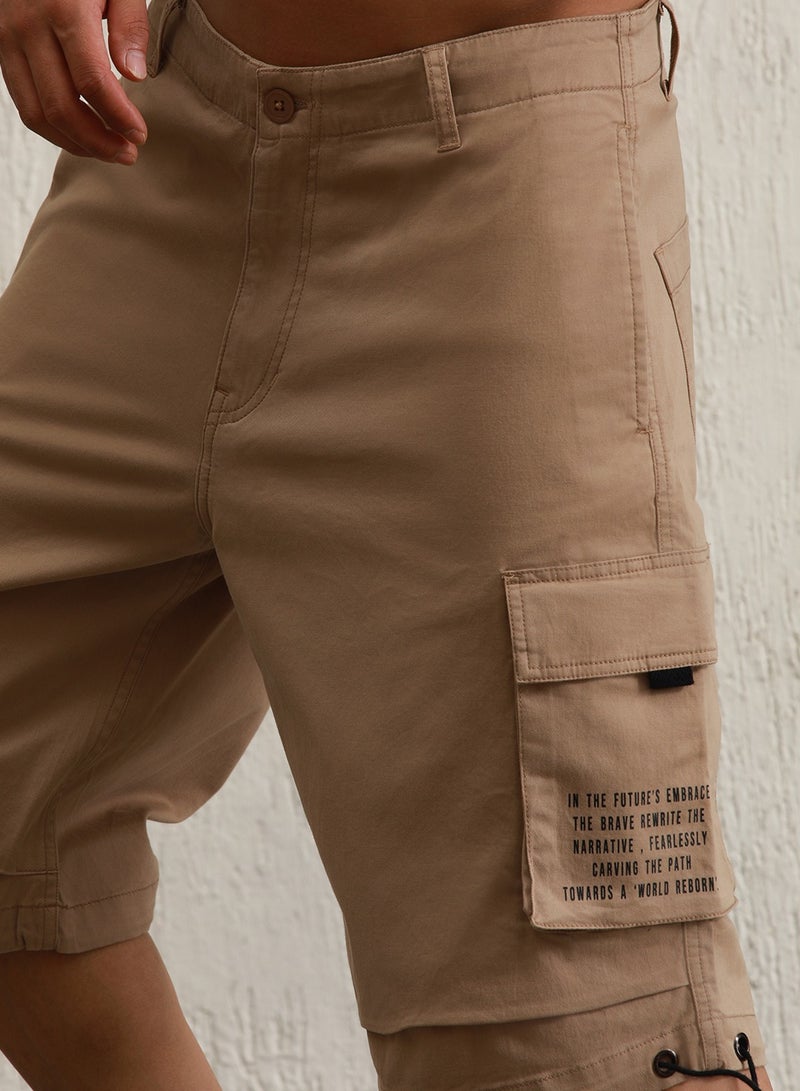Hubberholme Men's Taupe Cotton Blend Solid Pattern Cropped Length Cargo Loose Shorts - Image 5