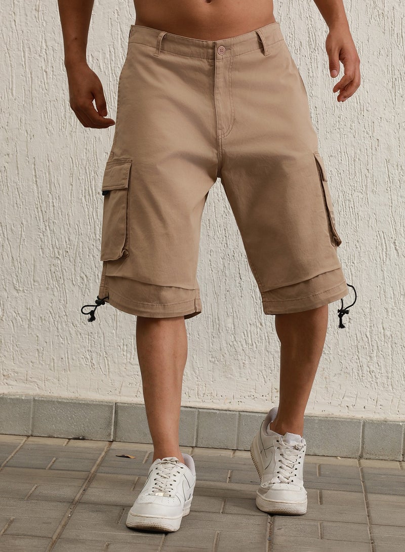 Hubberholme Men's Taupe Cotton Blend Solid Pattern Cropped Length Cargo Loose Shorts - Image 2