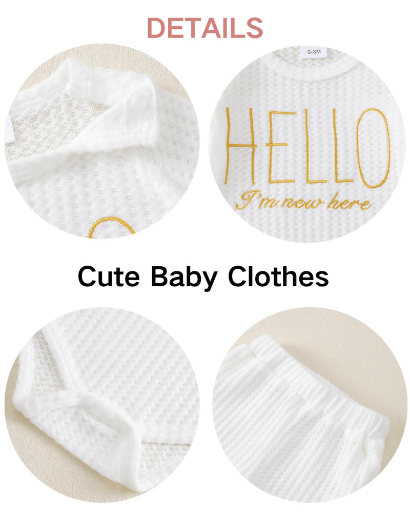 Renotemy Newborn Baby Boy Clothes 0-3 Months Baby Boy Outfit I'm New Here Coming Home Newborn Essentials Outfits Infant Baptism Shower Gifts Long Sleeve Clothing White Romper Pants Set with Hat - Image 5