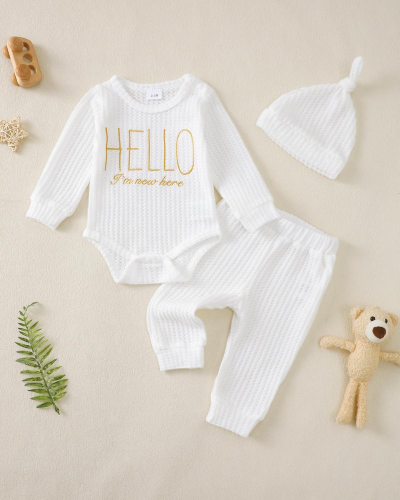 Renotemy Newborn Baby Boy Clothes 0-3 Months Baby Boy Outfit I'm New Here Coming Home Newborn Essentials Outfits Infant Baptism Shower Gifts Long Sleeve Clothing White Romper Pants Set with Hat - Image 4