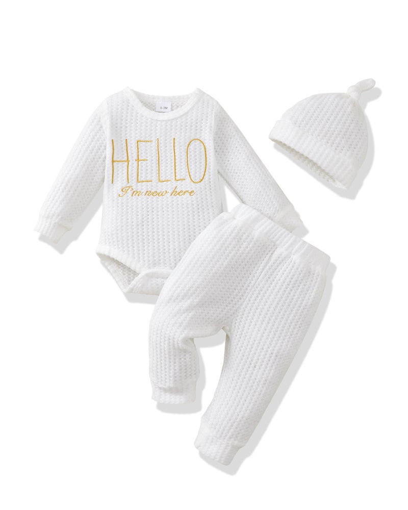 Renotemy Newborn Baby Boy Clothes 0-3 Months Baby Boy Outfit I'm New Here Coming Home Newborn Essentials Outfits Infant Baptism Shower Gifts Long Sleeve Clothing White Romper Pants Set with Hat - Image 1
