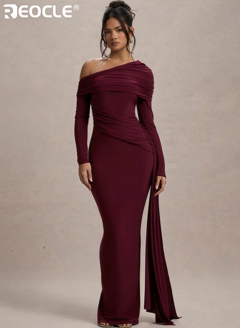 ريوكل فستان ماكسي نسائي بأكمام طويلة وكتف واحد مع تفاصيل منسدلة وفتحة جانبية مناسب للمناسبات الخاصة بتصميم أنيق ورسمي - Image 4