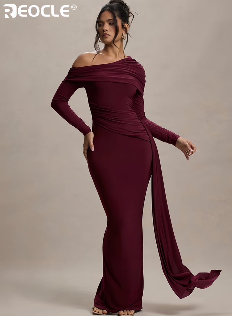 ريوكل فستان ماكسي نسائي بأكمام طويلة وكتف واحد مع تفاصيل منسدلة وفتحة جانبية مناسب للمناسبات الخاصة بتصميم أنيق ورسمي - Image 2