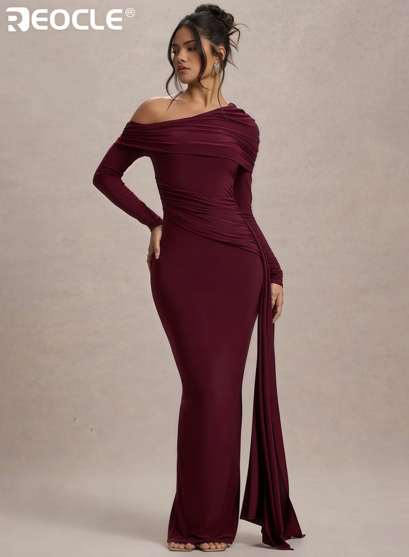 ريوكل فستان ماكسي نسائي بأكمام طويلة وكتف واحد مع تفاصيل منسدلة وفتحة جانبية مناسب للمناسبات الخاصة بتصميم أنيق ورسمي - Image 3