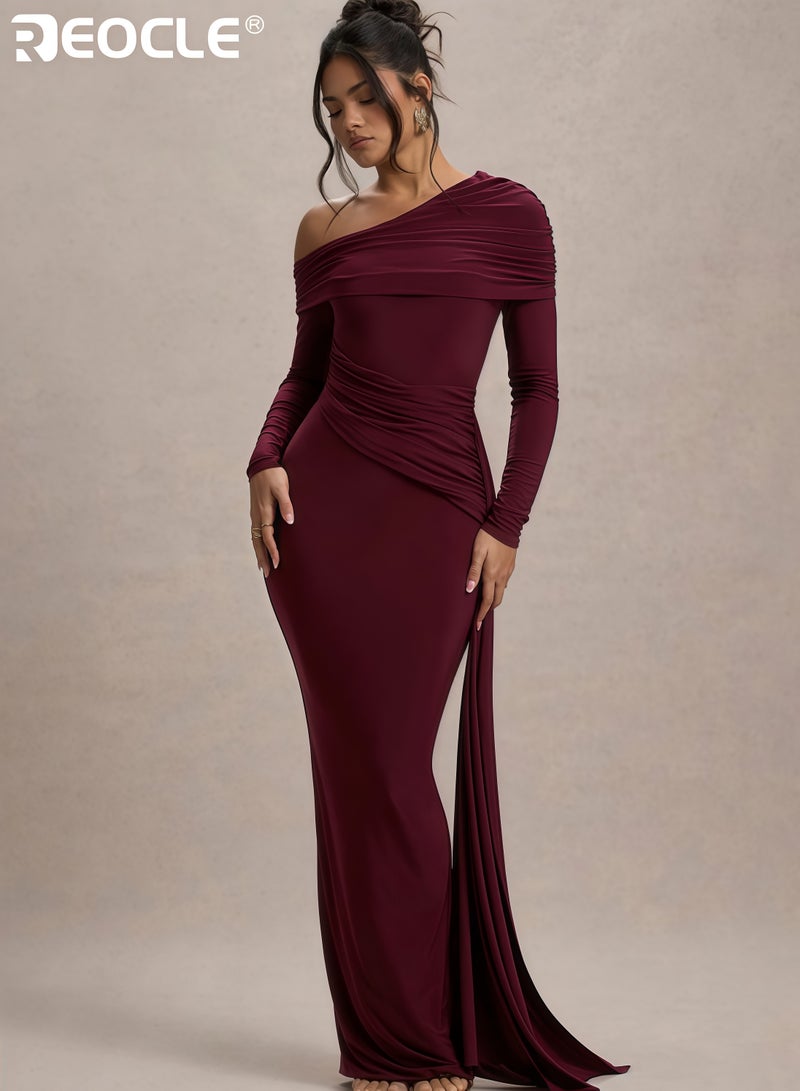 ريوكل فستان ماكسي نسائي بأكمام طويلة وكتف واحد مع تفاصيل منسدلة وفتحة جانبية مناسب للمناسبات الخاصة بتصميم أنيق ورسمي - Image 5