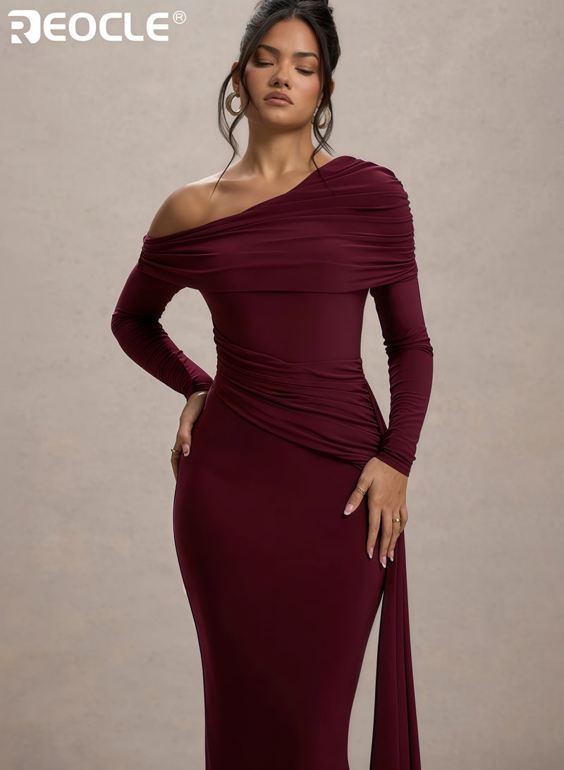 ريوكل فستان ماكسي نسائي بأكمام طويلة وكتف واحد مع تفاصيل منسدلة وفتحة جانبية مناسب للمناسبات الخاصة بتصميم أنيق ورسمي - Image 1