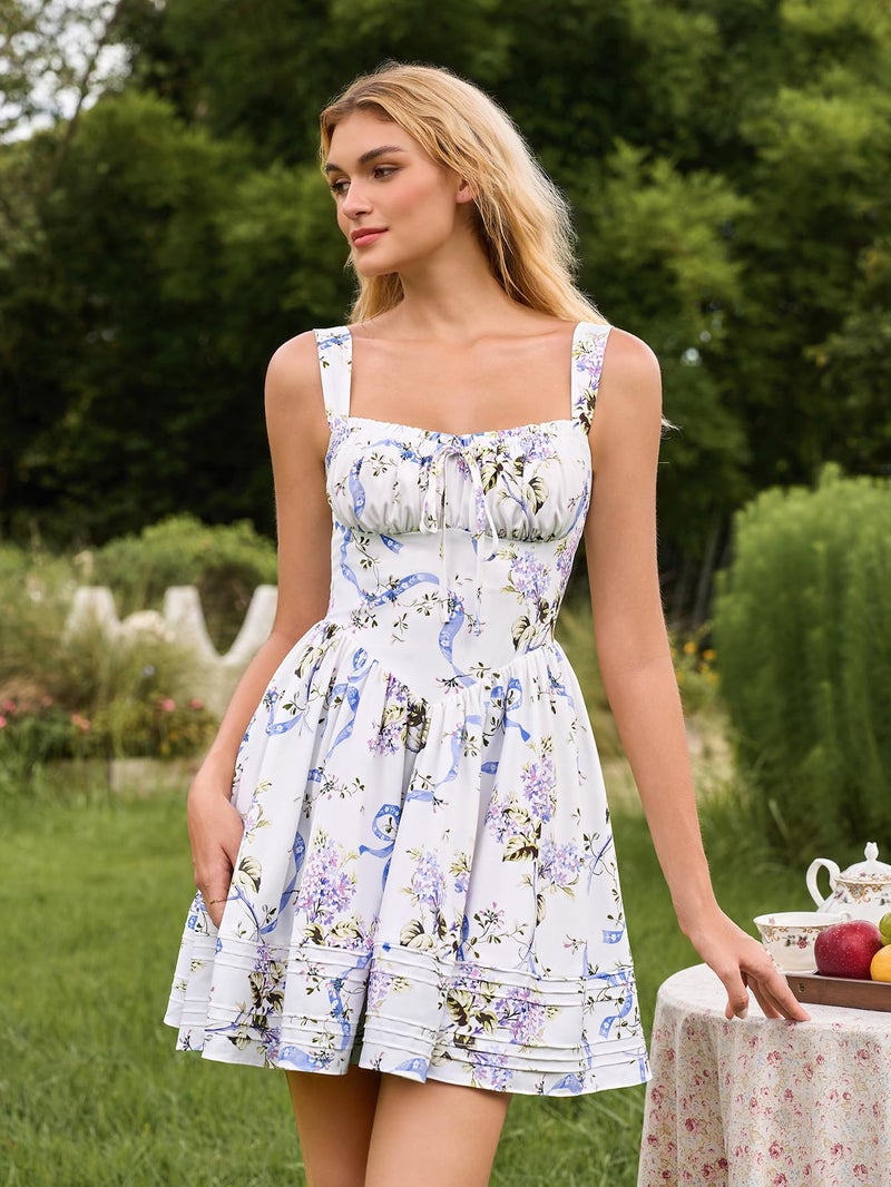 HTZMO Women Summer Casual Floral Square Neck Mini Sundress Corset A Line Cute Graduation Party Short Dress WhiteFloral M - Image 3