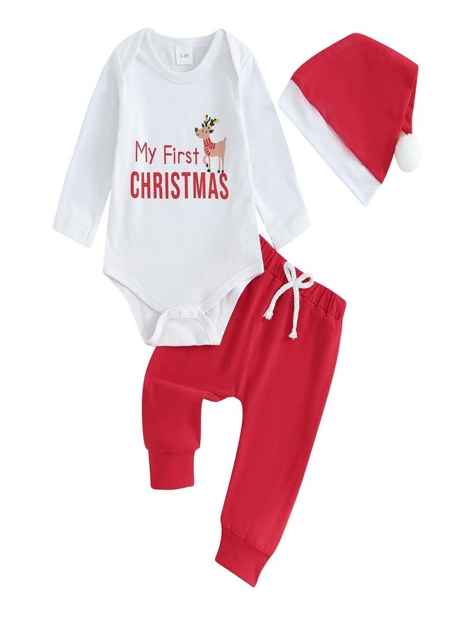 Amnnchya Baby Boy Girl Christmas Outfit 1st Long Sleeve Romper Tops Santa Stripes Pants Newborn First Christmas Clothes (First Elk,0-3 Months) - Image 1