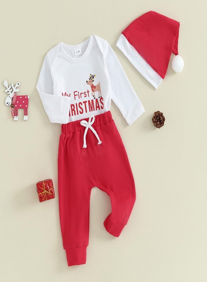 Amnnchya Baby Boy Girl Christmas Outfit 1st Long Sleeve Romper Tops Santa Stripes Pants Newborn First Christmas Clothes (First Elk,0-3 Months) - Image 2