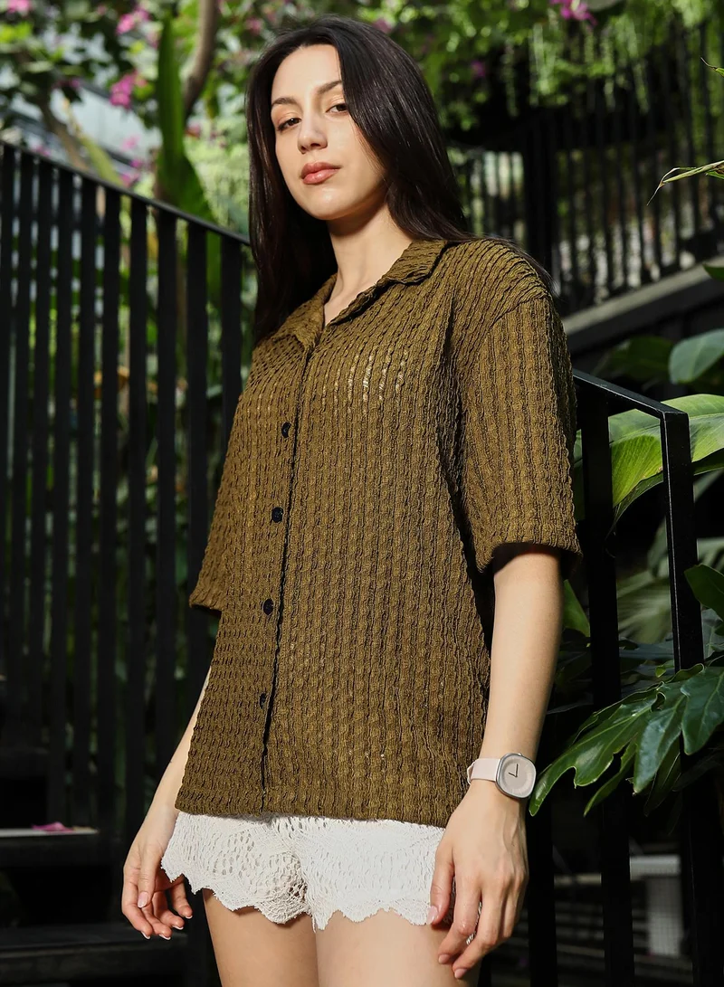 Pinacolada  Women's Army Green Striped-Knit Oversized Shirt | نساء | أكمام قصيرة | سادة | طوق منتشر | كاجوال كبير الحجم | قميص for Women | Best Price UAE