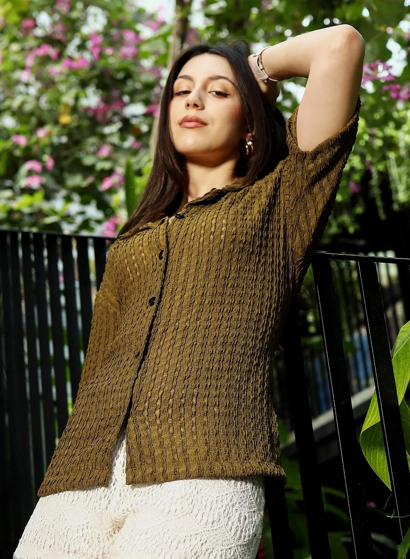 بينيا كولادا قميص نسائي مخطط محبوك واسع بياقة عادية وأكمام قصيرة