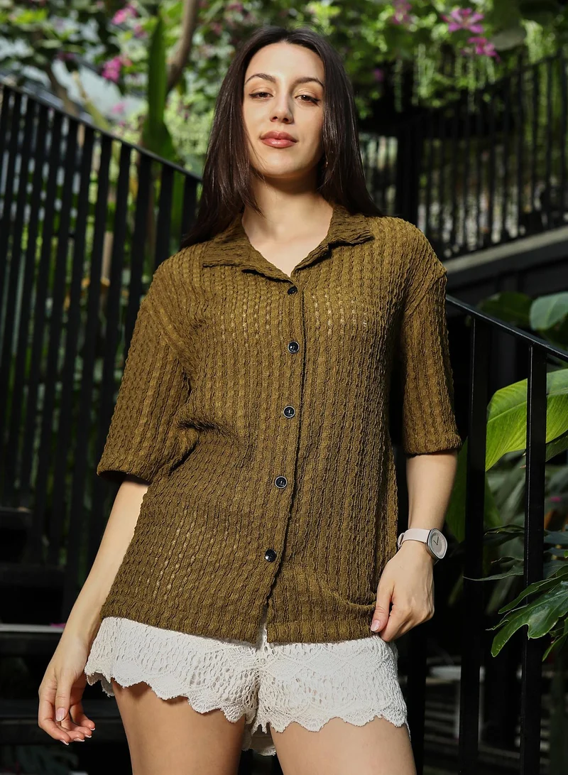 بينيا كولادا قميص نسائي مخطط محبوك واسع بياقة عادية وأكمام قصيرة