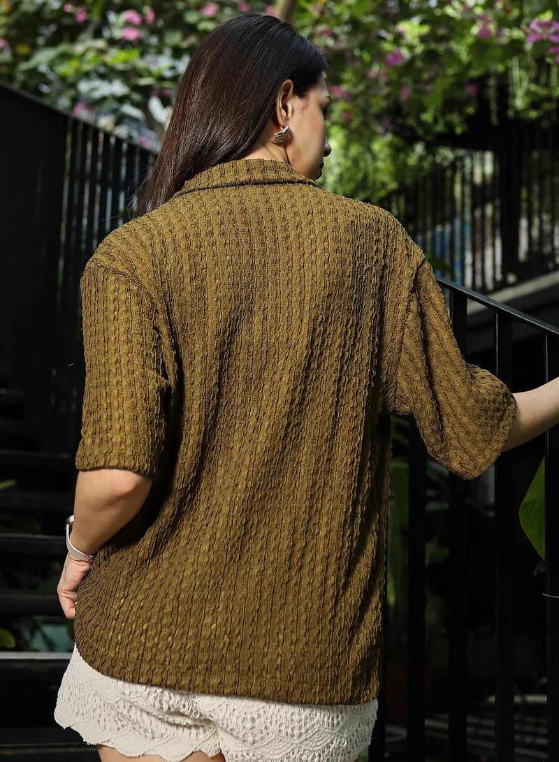 Pinacolada  Women's Army Green Striped-Knit Oversized Shirt | نساء | أكمام قصيرة | سادة | طوق منتشر | كاجوال كبير الحجم | قميص for Women | Best Price UAE