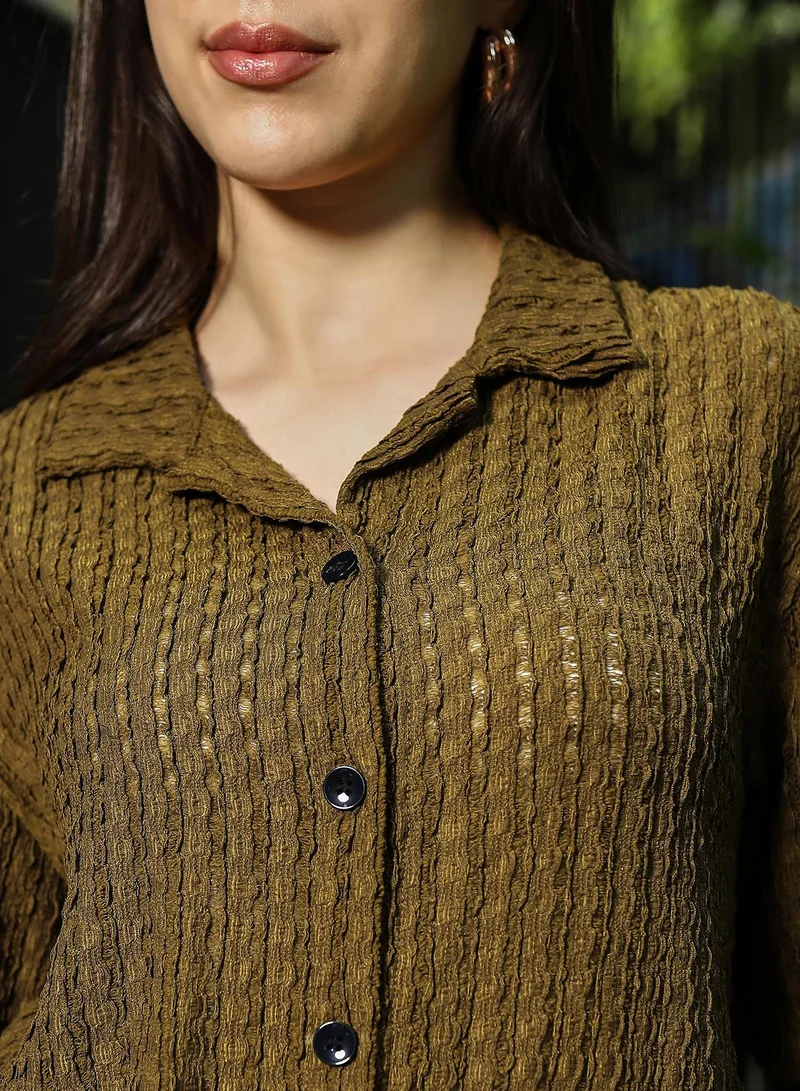 Pinacolada  Women's Army Green Striped-Knit Oversized Shirt | نساء | أكمام قصيرة | سادة | طوق منتشر | كاجوال كبير الحجم | قميص for Women | Best Price UAE