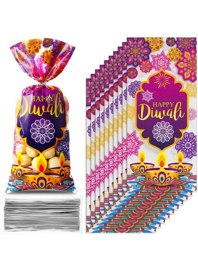 Pajean 100 Pieces Happy Diwali Party Favor Bags Festival Of Lights Gift Candy Bags With Twist Ties Cellophane Plastic Treat Goodie For Party Indian Celebration Supplies Decoration - Image 1