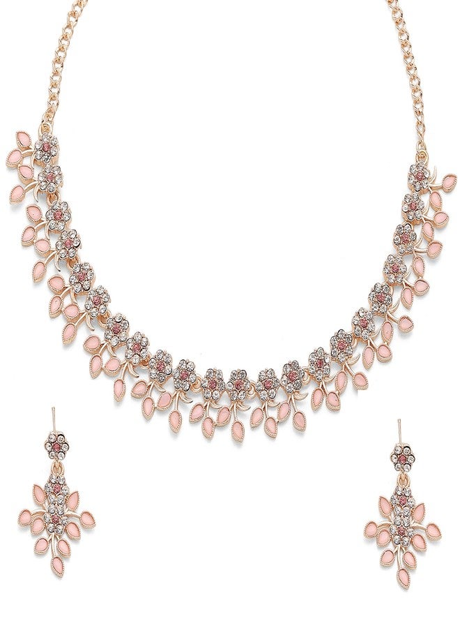 KENNICE Rhodium-Plated Cubic Zirconia Studded Leafy Shaped Necklace With Earrings Jewellery Set For Girls and Women - Image 1