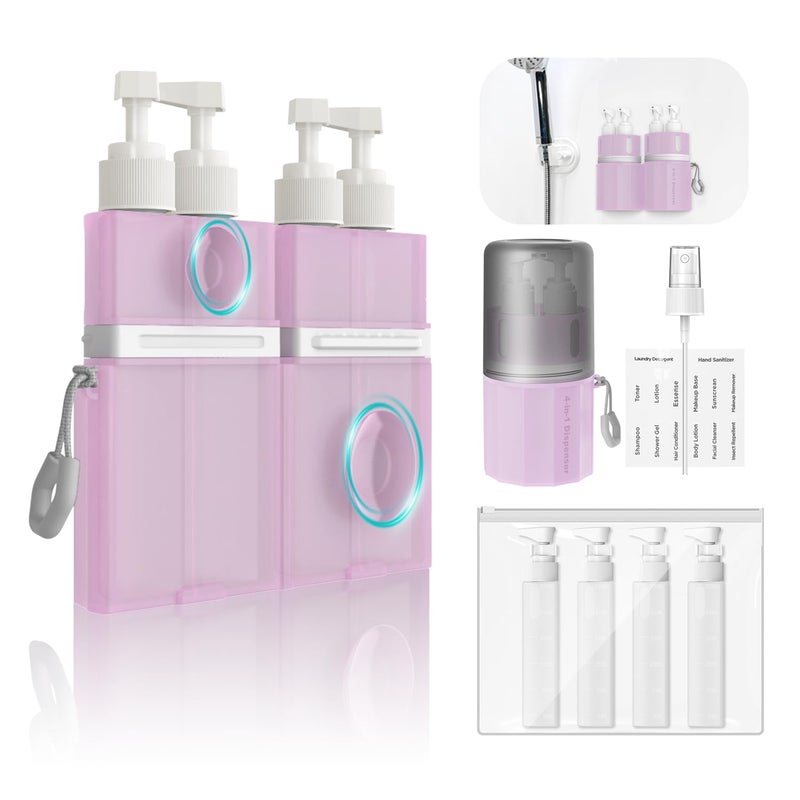 YOTIME 4 in 1 Travel Dispenser Bottle, Vacuum Silicone Suction Cup for Smooth Walls, TSA Approved Leak Proof Travel Size Containers for Toiletries, Shampoo, Body Wash and Conditioner, Pink - Image 1