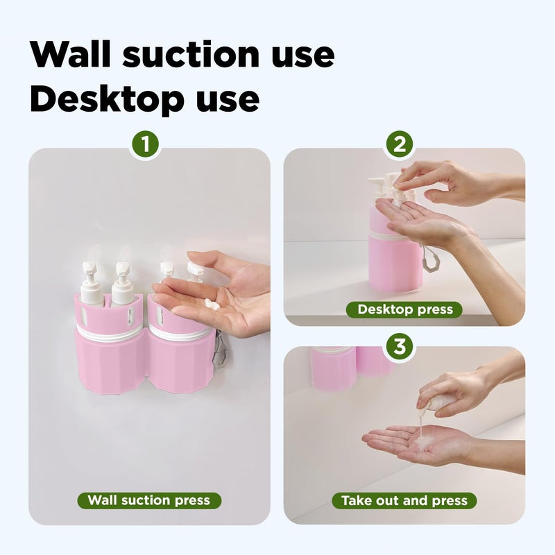 YOTIME 4 in 1 Travel Dispenser Bottle, Vacuum Silicone Suction Cup for Smooth Walls, TSA Approved Leak Proof Travel Size Containers for Toiletries, Shampoo, Body Wash and Conditioner, Pink - Image 4