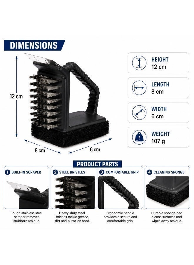 3-in-1 BBQ Grill Cleaning Brush with Scraper, Steel Bristles & Sponge, Heavy Duty Grill Cleaner for Gas, Charcoal & Barbecue Grates - Image 4