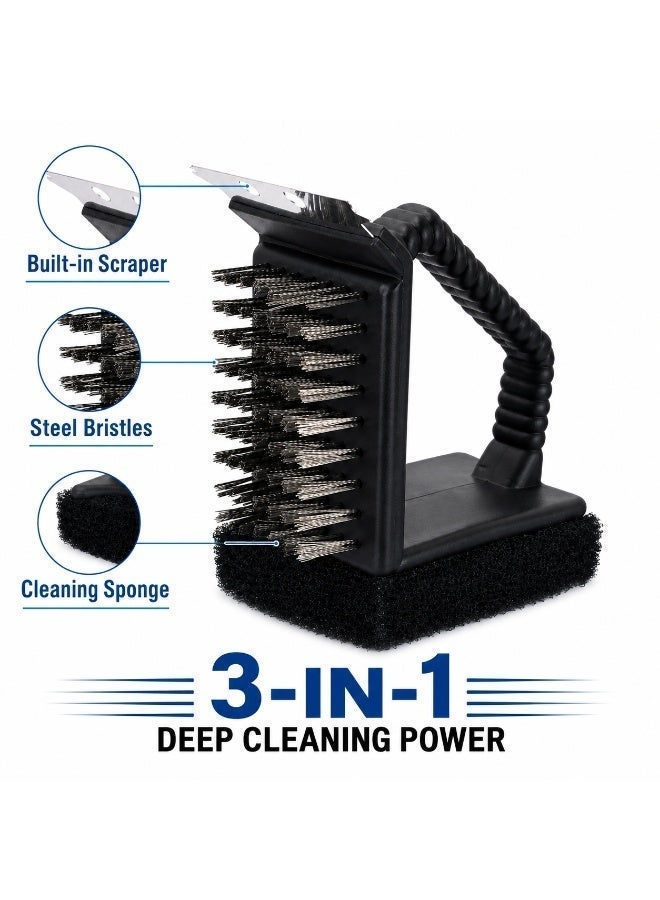 3-in-1 BBQ Grill Cleaning Brush with Scraper, Steel Bristles & Sponge, Heavy Duty Grill Cleaner for Gas, Charcoal & Barbecue Grates - Image 2