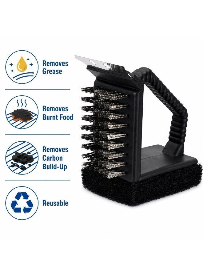 3-in-1 BBQ Grill Cleaning Brush with Scraper, Steel Bristles & Sponge, Heavy Duty Grill Cleaner for Gas, Charcoal & Barbecue Grates - Image 3