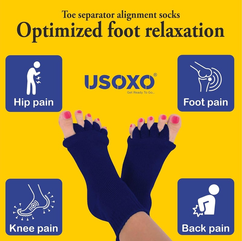 USOXO Foot Alignment Socks I Cotton Finger Toe Separator I Easing Bunion Hammertoe and Arthritis Pain Relief I Improving Posture & Increasing Flexibility I Free Size for Office Yoga Men & Women (Blue) - Image 3