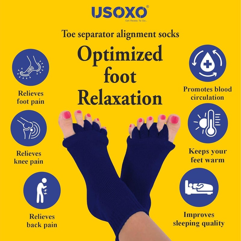 USOXO Foot Alignment Socks I Cotton Finger Toe Separator I Easing Bunion Hammertoe and Arthritis Pain Relief I Improving Posture & Increasing Flexibility I Free Size for Office Yoga Men & Women (Blue) - Image 5