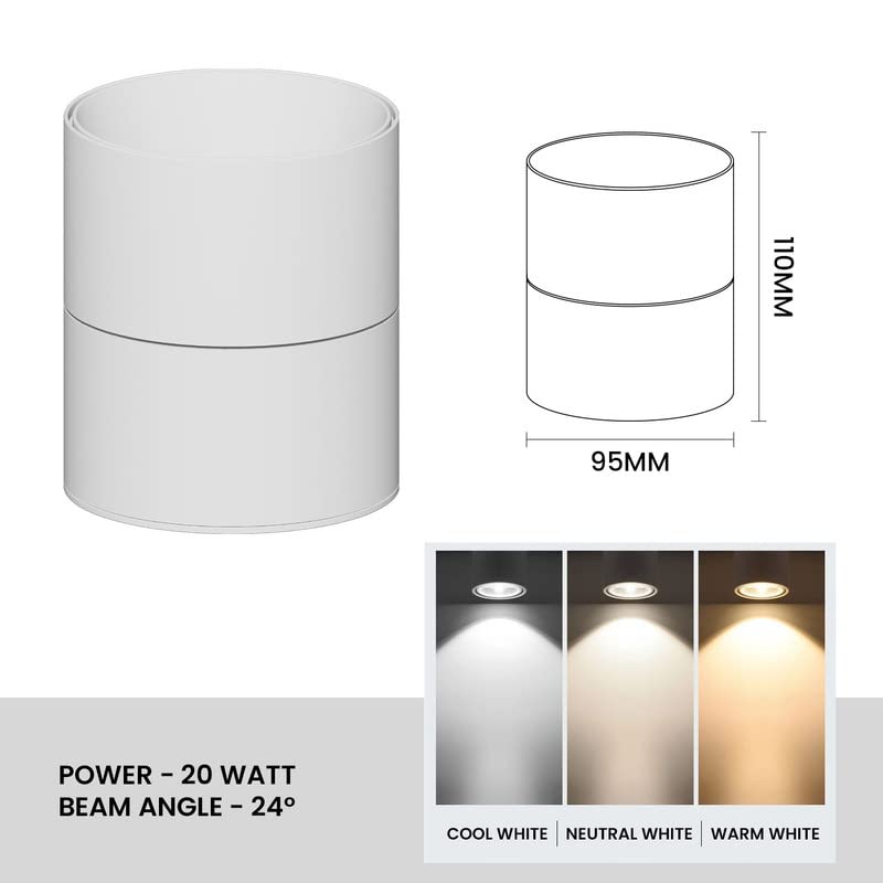 Harold Electricals 20 Watt 360 Degree Adjustable LED Surface COB Light - Wall/Ceiling Mountable -Pack of 1 (Warm White) White Body(Metal) - Image 2