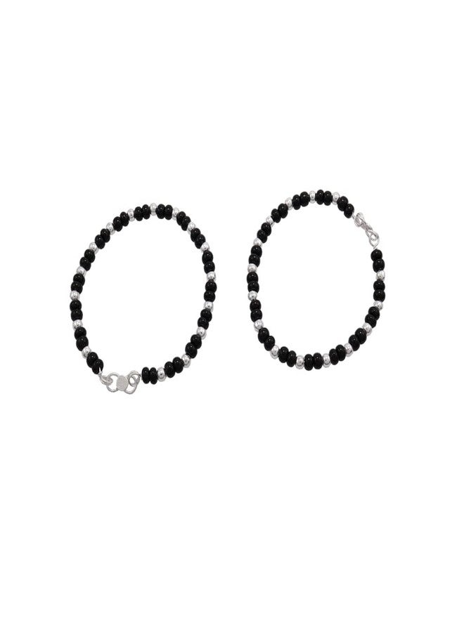 MOONPLUS 925 Sterling Silver HandMade Black Beads Nazariya Anklet for Baby|Evil Eye Bracelet for Baby Boys and Girls|Set of 2|Chandi Bells|Comfortable for Every Day Wear - Image 1