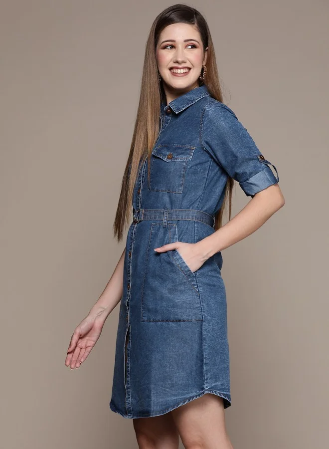 ISHIN Women's Blue 100% Cotton Self Design A-Line Dress
