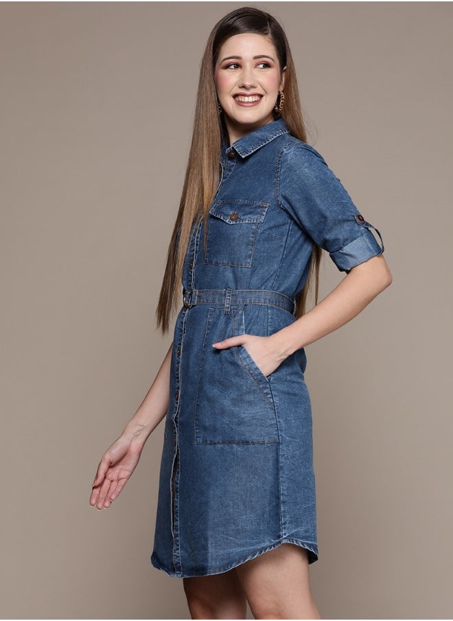 ISHIN Women's Blue 100% Cotton Self Design A-Line Dress  - Image 5