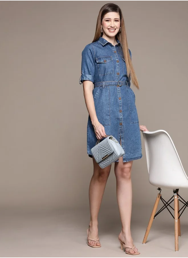 آي شين Women's Blue 100% Cotton Self Design A-Line Dress