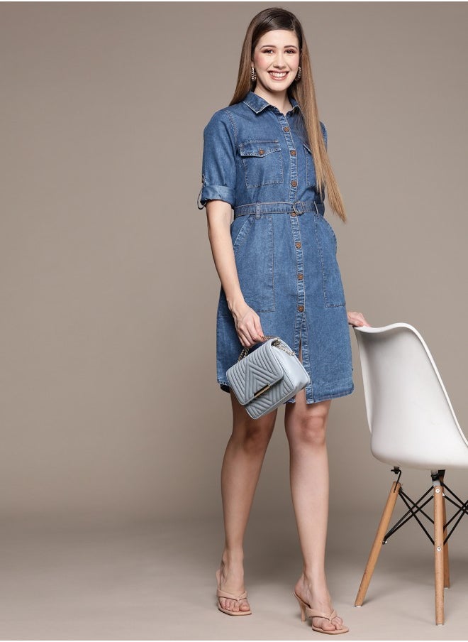 ISHIN Women's Blue 100% Cotton Self Design A-Line Dress  - Image 1
