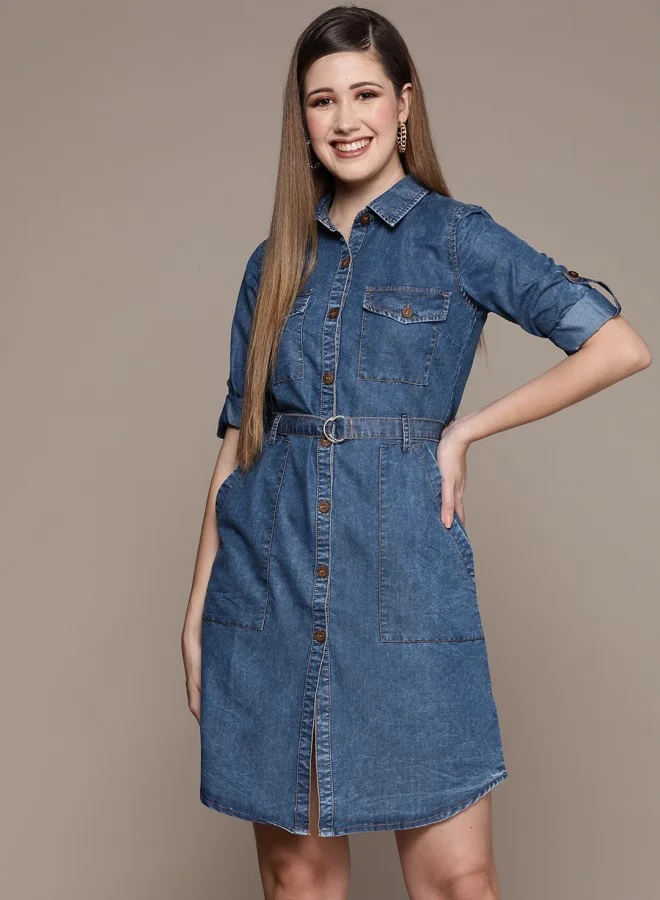 ISHIN Women's Blue 100% Cotton Self Design A-Line Dress