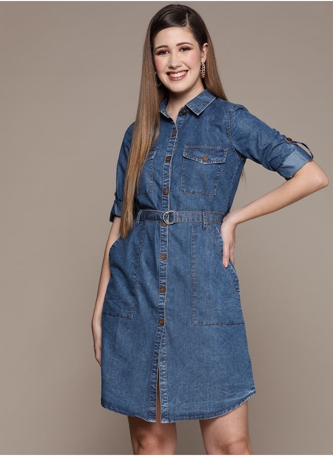 ISHIN Women's Blue 100% Cotton Self Design A-Line Dress  - Image 3