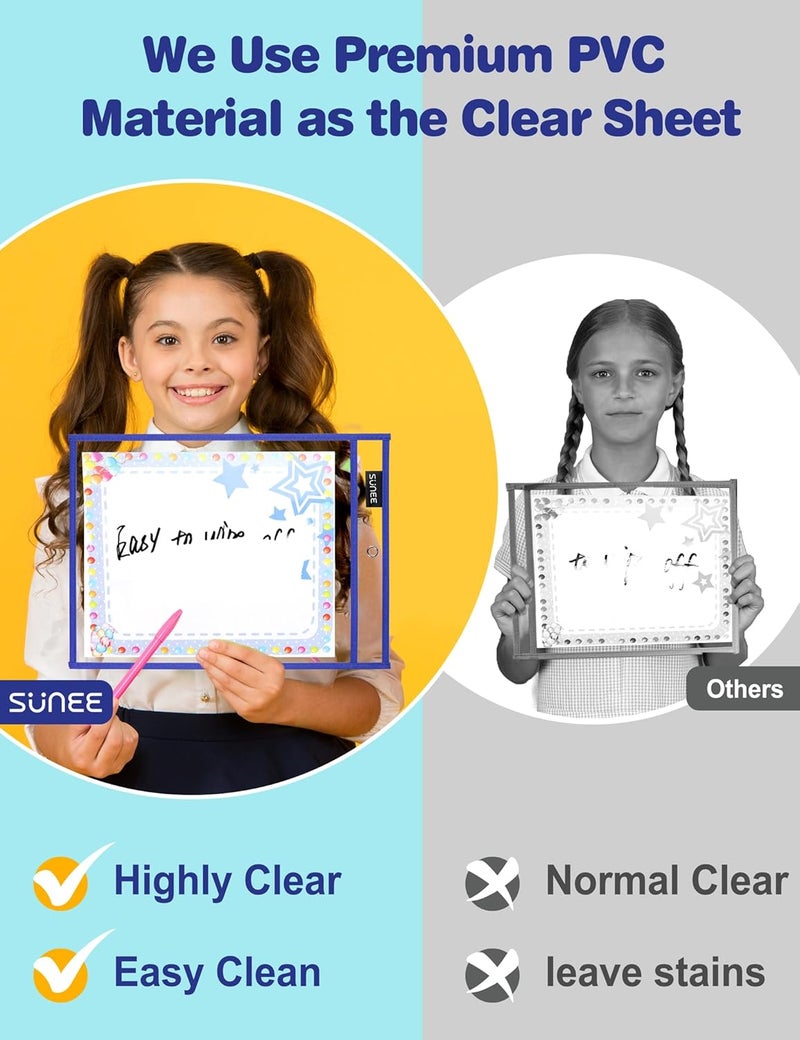 SUNEE 100 Packs Oversized Reusable Dry Erase Pocket Sleeves with 5 Rings, 10 Assorted Colors 10x14 Ticket Holders, Clear Plastic Sheet Protectors, Teacher School Classroom Supplies - Image 5