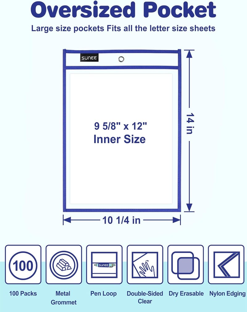 SUNEE 100 Packs Oversized Reusable Dry Erase Pocket Sleeves with 5 Rings, 10 Assorted Colors 10x14 Ticket Holders, Clear Plastic Sheet Protectors, Teacher School Classroom Supplies - Image 2