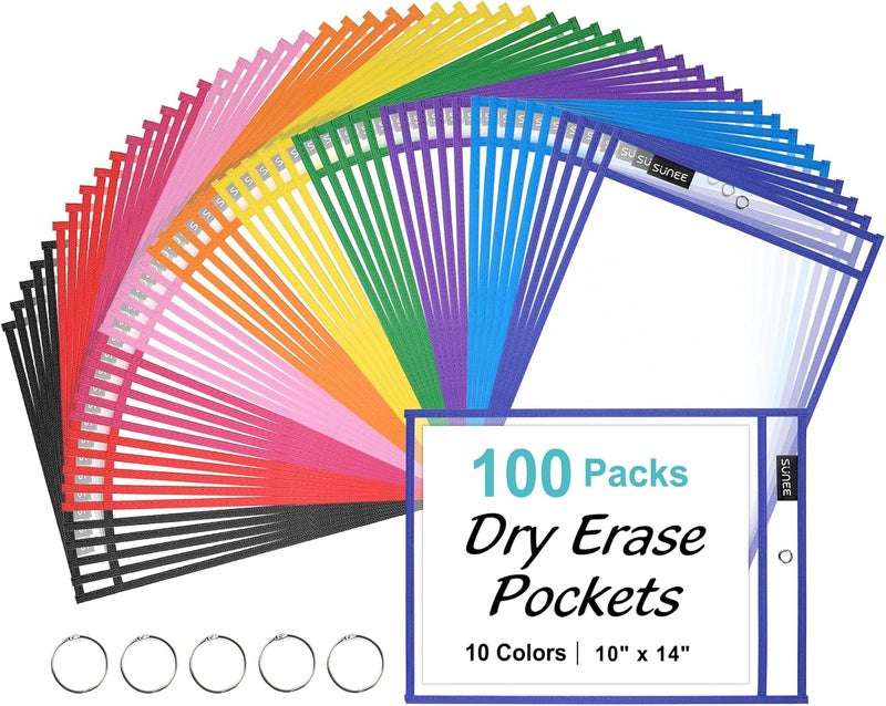 SUNEE 100 Packs Oversized Reusable Dry Erase Pocket Sleeves with 5 Rings, 10 Assorted Colors 10x14 Ticket Holders, Clear Plastic Sheet Protectors, Teacher School Classroom Supplies - Image 1