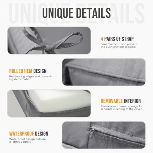 Uthem Waterproof Chaise Lounge Cushions, 72x21x3 Inch Outdoor Lounge Chair Cushion High-Density Foam Fade Resistant Patio Sun Lounger Pad Replacement with Removable Covers and Ties, Grey - Image 3