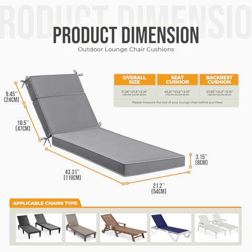 Uthem Waterproof Chaise Lounge Cushions, 72x21x3 Inch Outdoor Lounge Chair Cushion High-Density Foam Fade Resistant Patio Sun Lounger Pad Replacement with Removable Covers and Ties, Grey - Image 2