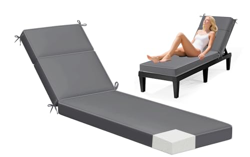 Uthem Waterproof Chaise Lounge Cushions, 72x21x3 Inch Outdoor Lounge Chair Cushion High-Density Foam Fade Resistant Patio Sun Lounger Pad Replacement with Removable Covers and Ties, Grey - Image 1