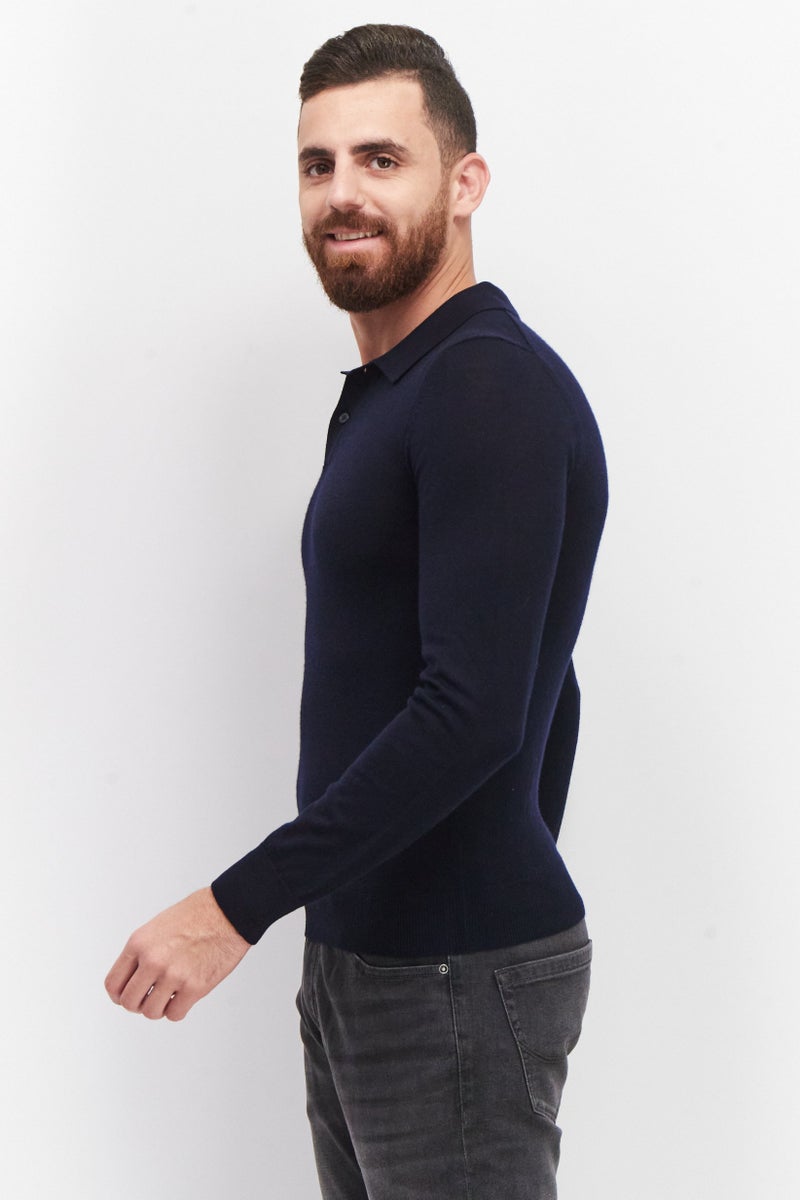 Celio Men Spread Collar Long Sleeve Knitted Sweatshirts, Navy Blue - Image 3