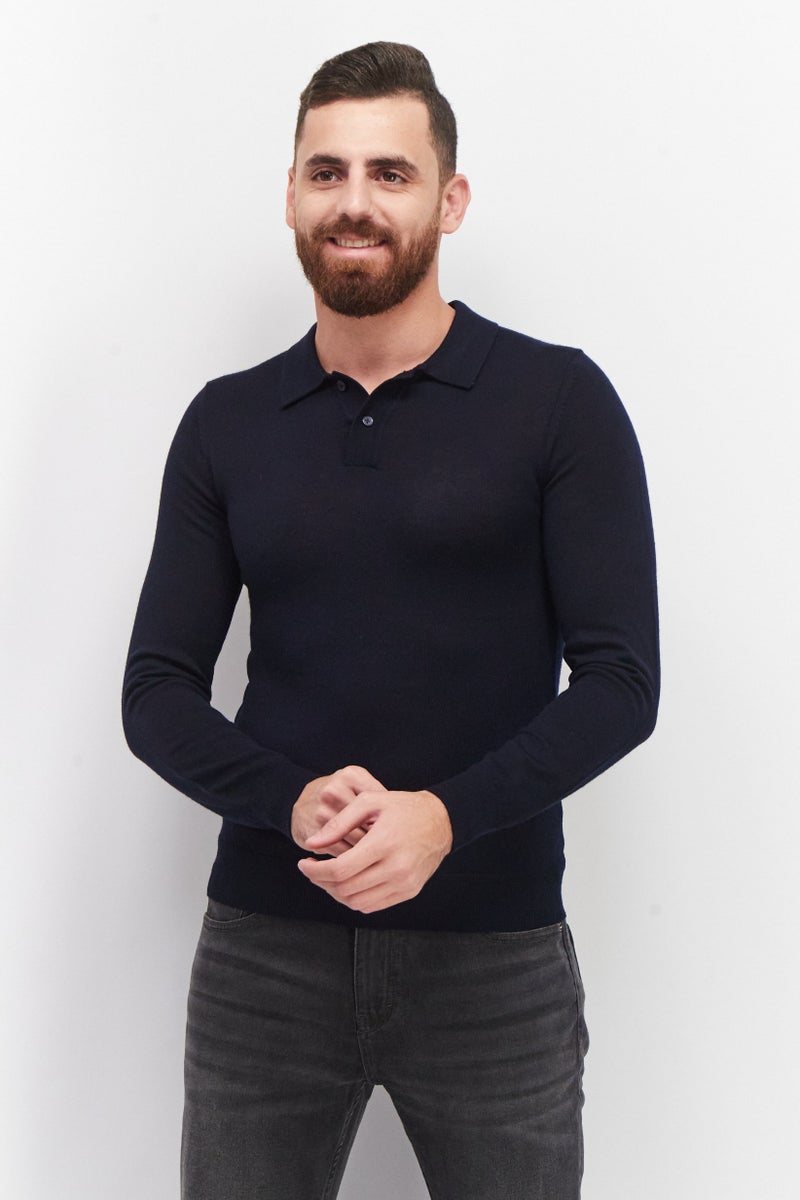 Celio Men Spread Collar Long Sleeve Knitted Sweatshirts, Navy Blue - Image 1