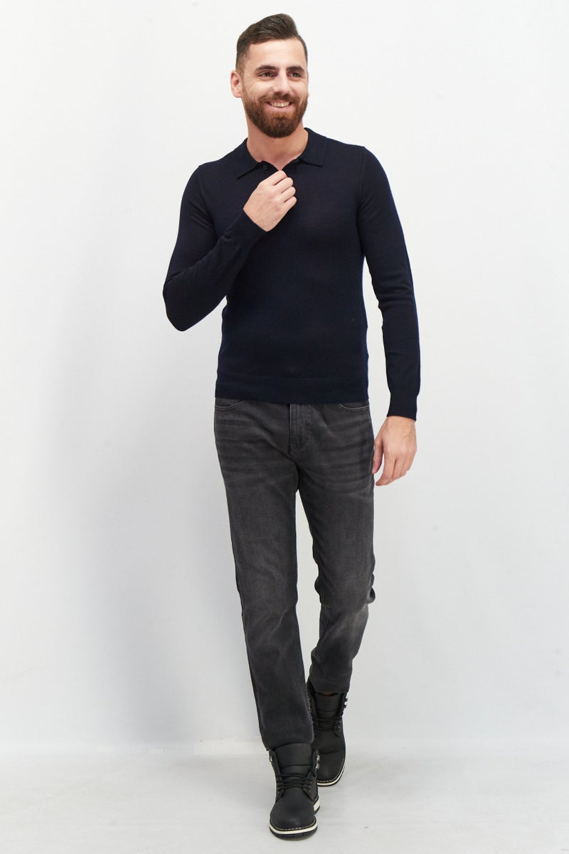 Celio Men Spread Collar Long Sleeve Knitted Sweatshirts, Navy Blue - Image 4