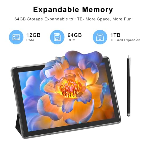 HOTTABLET Tablet 10-inch Android 15, RAM 12GB(4+8Expand) +ROM 64GB, 2+8MP Dual Camera, 6000mAh Battery (Tablet+case+Stylus)(Black) - Image 3