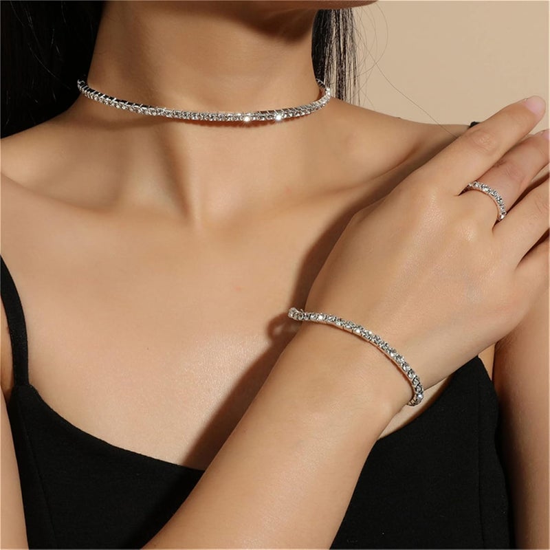 cheekyglo 1 Set 1-5 Rows Rhinestone Choker Necklace & Bracelets Crystal Necklace Collar Bridal Jewelry \u200bfor Dance Party Wedding,Silver-1 Row - Image 5