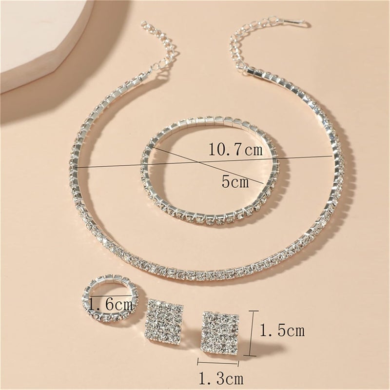 cheekyglo 1 Set 1-5 Rows Rhinestone Choker Necklace & Bracelets Crystal Necklace Collar Bridal Jewelry \u200bfor Dance Party Wedding,Silver-1 Row - Image 2