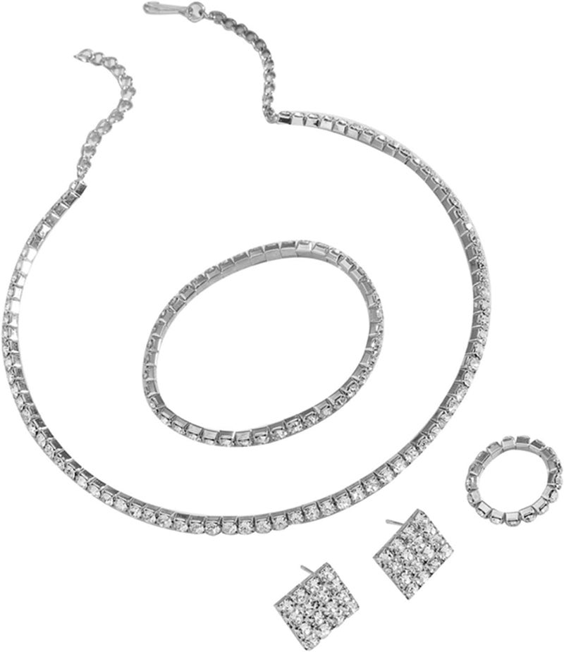 cheekyglo 1 Set 1-5 Rows Rhinestone Choker Necklace & Bracelets Crystal Necklace Collar Bridal Jewelry \u200bfor Dance Party Wedding,Silver-1 Row - Image 3