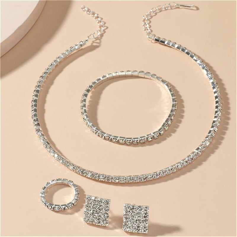 cheekyglo 1 Set 1-5 Rows Rhinestone Choker Necklace & Bracelets Crystal Necklace Collar Bridal Jewelry \u200bfor Dance Party Wedding,Silver-1 Row - Image 4